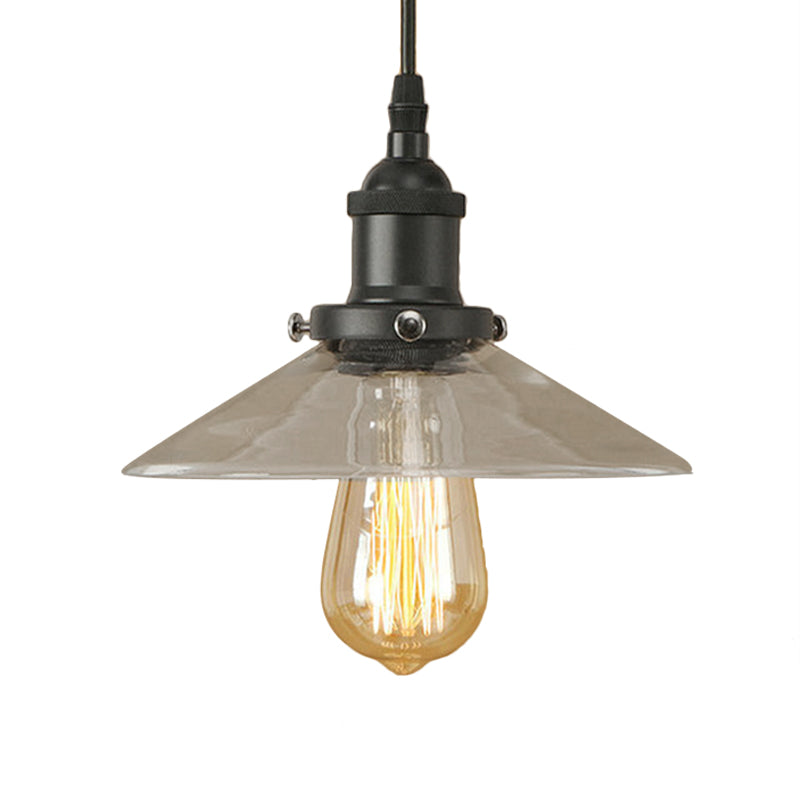 1 Light Clear Glass Pendant Lamp Industrial Black/Rust/Copper Cone Living Room Hanging Light Fixture Clearhalo 'Ceiling Lights' 'Glass shade' 'Glass' 'Industrial Pendants' 'Industrial' 'Middle Century Pendants' 'Pendant Lights' 'Pendants' 'Tiffany' Lighting' 144004