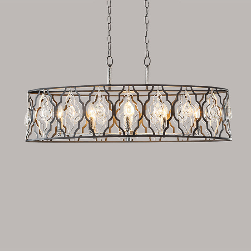 Drum Frame Island Pendant Light Modernist Metal 8 Bulbs Black Suspension Lamp with Crystal Block Accent Clearhalo 'Ceiling Lights' 'Island Lights' Lighting' 1440047