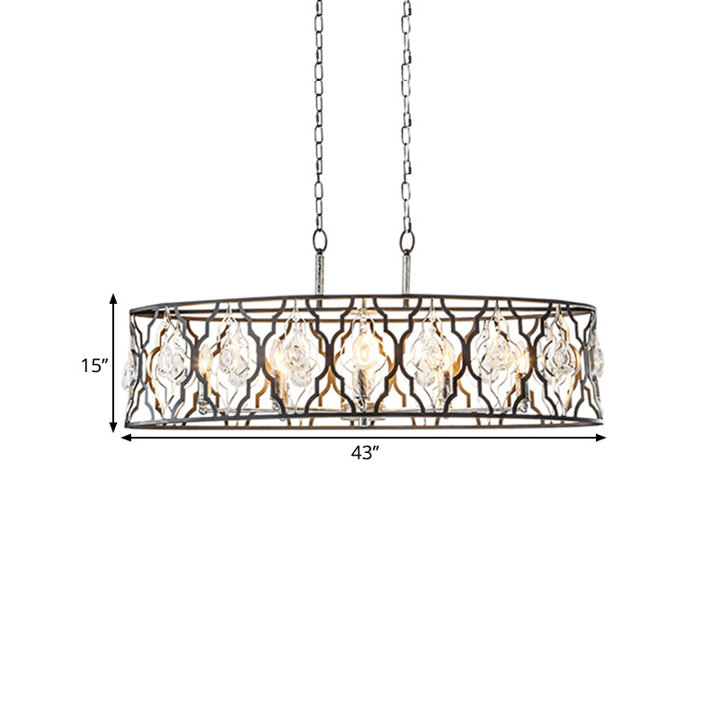 Drum Frame Island Pendant Light Modernist Metal 8 Bulbs Black Suspension Lamp with Crystal Block Accent Clearhalo 'Ceiling Lights' 'Island Lights' Lighting' 1440048