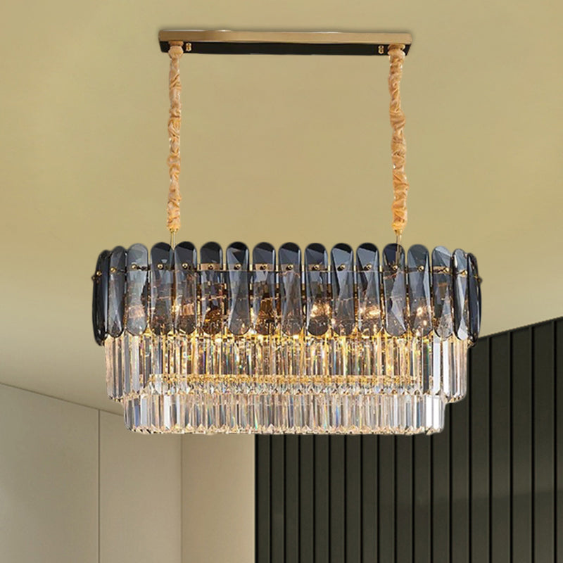 3-Tier Rectangular Dining Room Pendant Amber/Smoke Gray Crystal Block 12-Light Contemporary Island Lamp Clearhalo 'Ceiling Lights' 'Island Lights' Lighting' 1440054
