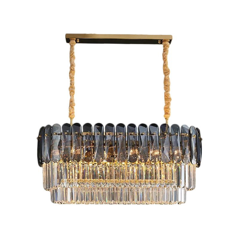 3-Tier Rectangular Dining Room Pendant Amber/Smoke Gray Crystal Block 12-Light Contemporary Island Lamp Clearhalo 'Ceiling Lights' 'Island Lights' Lighting' 1440055