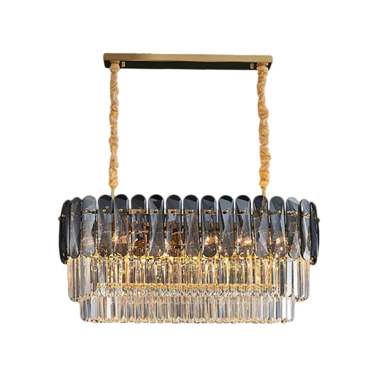 3-Tier Rectangular Dining Room Pendant Amber/Smoke Gray Crystal Block 12-Light Contemporary Island Lamp Clearhalo 'Ceiling Lights' 'Island Lights' Lighting' 1440055