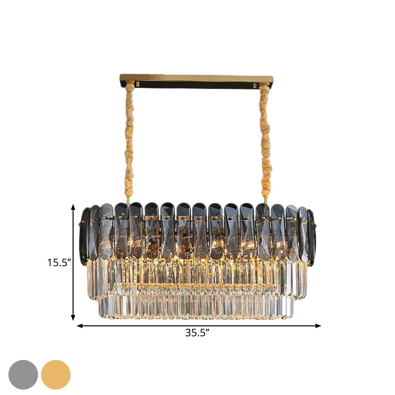 3-Tier Rectangular Dining Room Pendant Amber/Smoke Gray Crystal Block 12-Light Contemporary Island Lamp Clearhalo 'Ceiling Lights' 'Island Lights' Lighting' 1440056