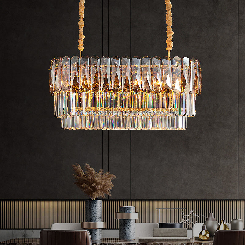 3-Tier Rectangular Dining Room Pendant Amber/Smoke Gray Crystal Block 12-Light Contemporary Island Lamp Amber Clearhalo 'Ceiling Lights' 'Island Lights' Lighting' 1440057