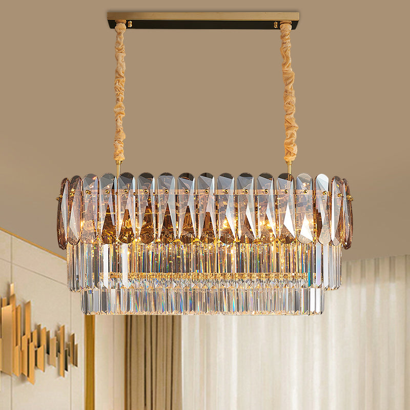 3-Tier Rectangular Dining Room Pendant Amber/Smoke Gray Crystal Block 12-Light Contemporary Island Lamp Clearhalo 'Ceiling Lights' 'Island Lights' Lighting' 1440058
