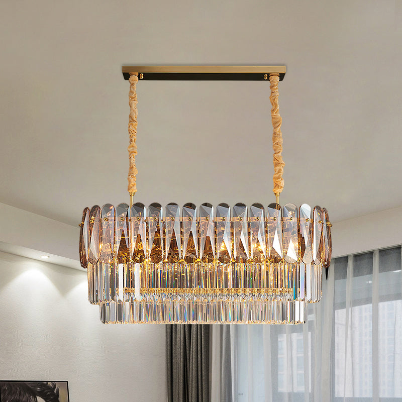 3-Tier Rectangular Dining Room Pendant Amber/Smoke Gray Crystal Block 12-Light Contemporary Island Lamp Clearhalo 'Ceiling Lights' 'Island Lights' Lighting' 1440059