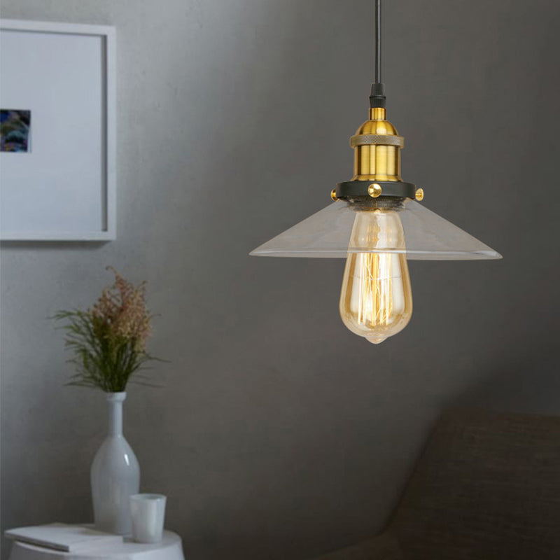 1 Light Clear Glass Pendant Lamp Industrial Black/Rust/Copper Cone Living Room Hanging Light Fixture Black-Gold Clearhalo 'Ceiling Lights' 'Glass shade' 'Glass' 'Industrial Pendants' 'Industrial' 'Middle Century Pendants' 'Pendant Lights' 'Pendants' 'Tiffany' Lighting' 144006