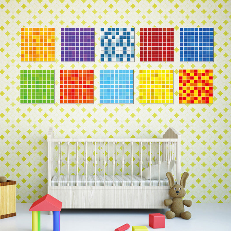 PVC Multicolored Wallpaper Panels Modern Faux Mosaic Tile Adhesive Wall Art, 8' L x 8" W (10 Pcs) Red-Yellow-Blue-Green Clearhalo 'Wall Decor' 'Wallpaper' 1440418