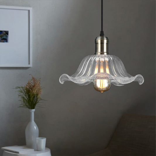 1 Light Bowl Pendant Lighting Fixture Industrial Brass Clear Glass Hanging Ceiling Light with Wavy Edge, 8"/10"/12" Wide Clear Clearhalo 'Ceiling Lights' 'Glass shade' 'Glass' 'Industrial Pendants' 'Industrial' 'Middle Century Pendants' 'Pendant Lights' 'Pendants' 'Tiffany' Lighting' 144041