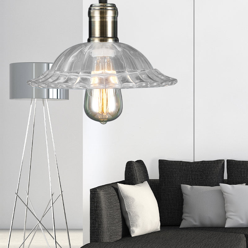 1 Light Hanging Ceiling Light with Scalloped Shade Ribbed Glass Industrial Living Room Pendant Lighting in Clear Clear Clearhalo 'Ceiling Lights' 'Glass shade' 'Glass' 'Industrial Pendants' 'Industrial' 'Middle Century Pendants' 'Pendant Lights' 'Pendants' 'Tiffany' Lighting' 144047
