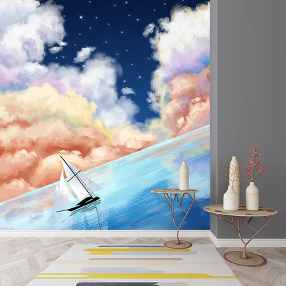Sailboat on Starry Ocean Mural Decal Blue Childrens Art Wall Decor for Bedroom, Blue Blue Clearhalo 'Wall Decor' 'Wall Mural' 1440476