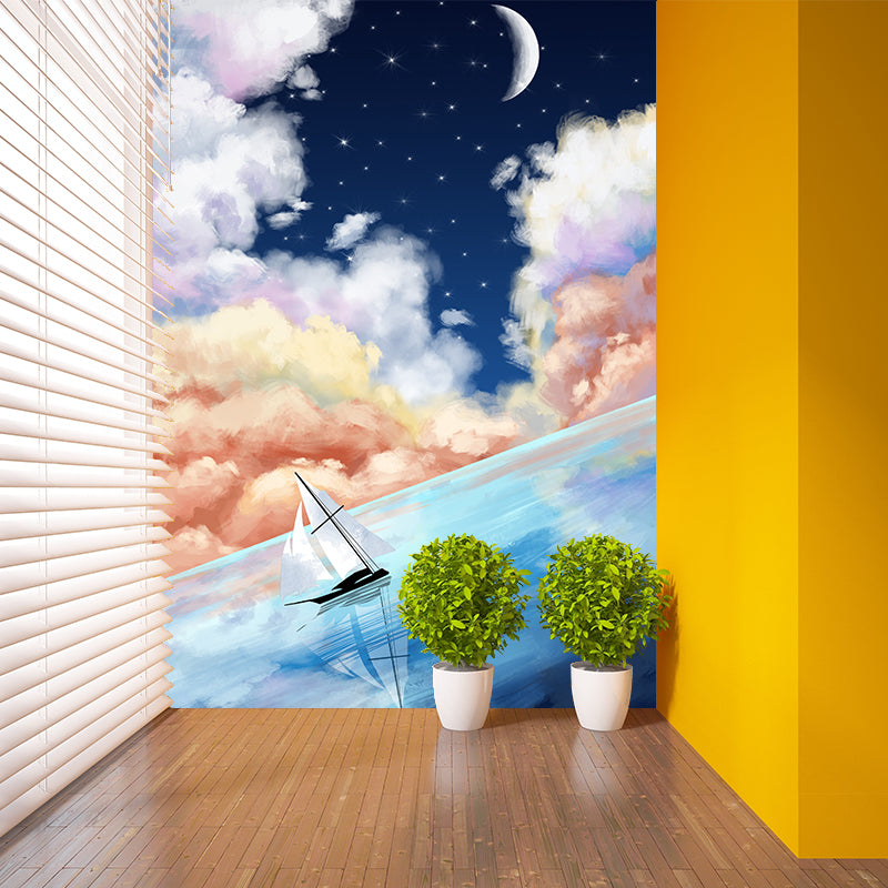 Sailboat on Starry Ocean Mural Decal Blue Childrens Art Wall Decor for Bedroom, Blue Clearhalo 'Wall Decor' 'Wall Mural' 1440477