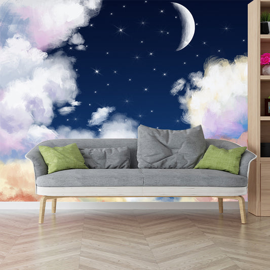 Sailboat on Starry Ocean Mural Decal Blue Childrens Art Wall Decor for Bedroom, Blue Clearhalo 'Wall Decor' 'Wall Mural' 1440478