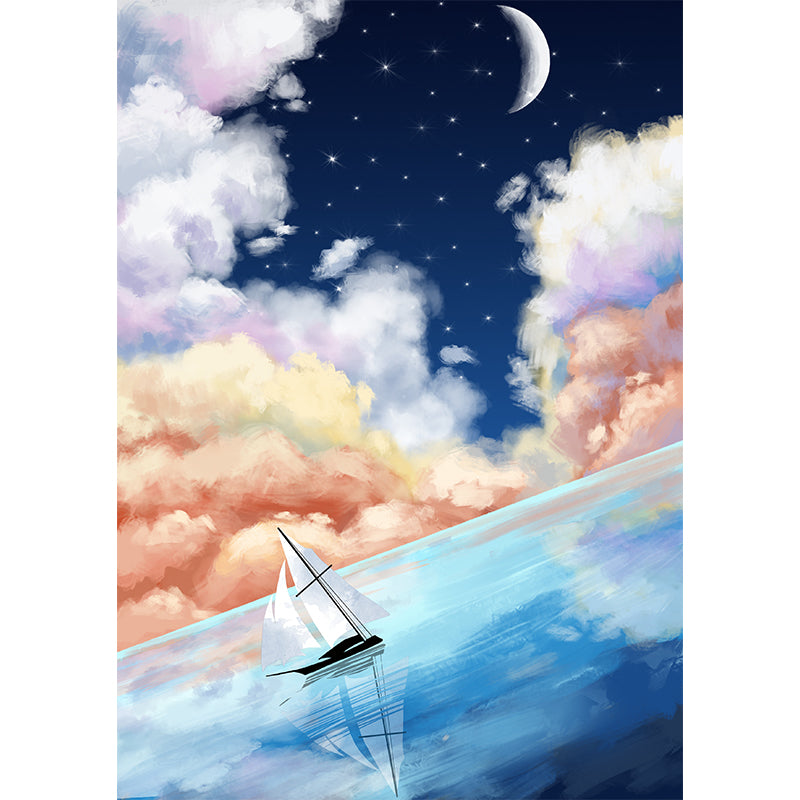 Sailboat on Starry Ocean Mural Decal Blue Childrens Art Wall Decor for Bedroom, Blue Clearhalo 'Wall Decor' 'Wall Mural' 1440479