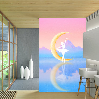 Pink-Blue Kids Wallpaper Mural Big Ballerina on Mirror Lake with Crescent Wall Art for Girls Room Pink-Blue Clearhalo 'Wall Decor' 'Wall Mural' 1440481