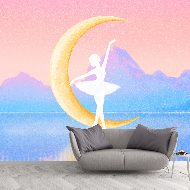 Pink-Blue Kids Wallpaper Mural Big Ballerina on Mirror Lake with Crescent Wall Art for Girls Room Clearhalo 'Wall Decor' 'Wall Mural' 1440483