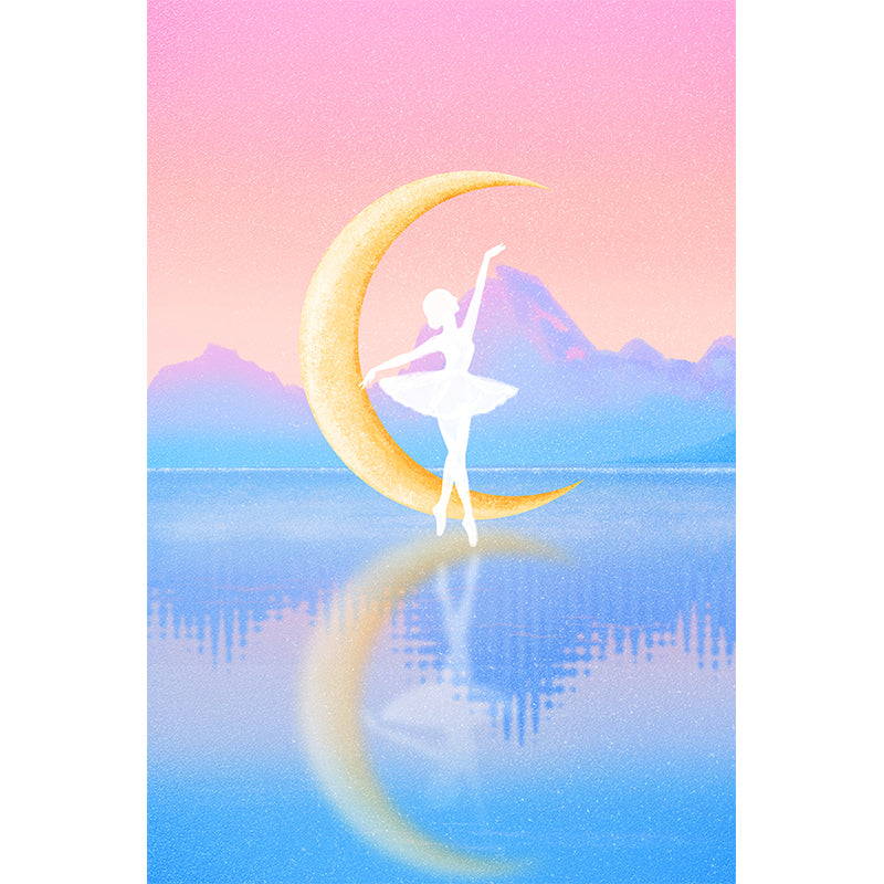 Pink-Blue Kids Wallpaper Mural Big Ballerina on Mirror Lake with Crescent Wall Art for Girls Room Clearhalo 'Wall Decor' 'Wall Mural' 1440484
