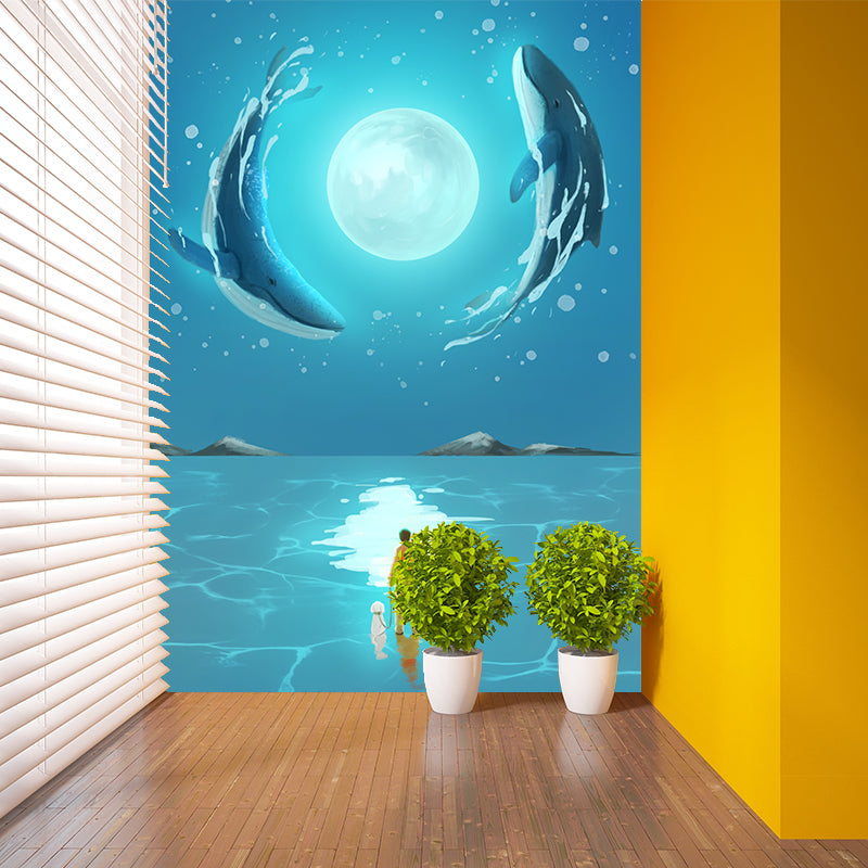 Custom Illustration Kids Wall Mural with Whale Dance Around Moon Pattern in Blue Blue Clearhalo 'Wall Decor' 'Wall Mural' 1440486
