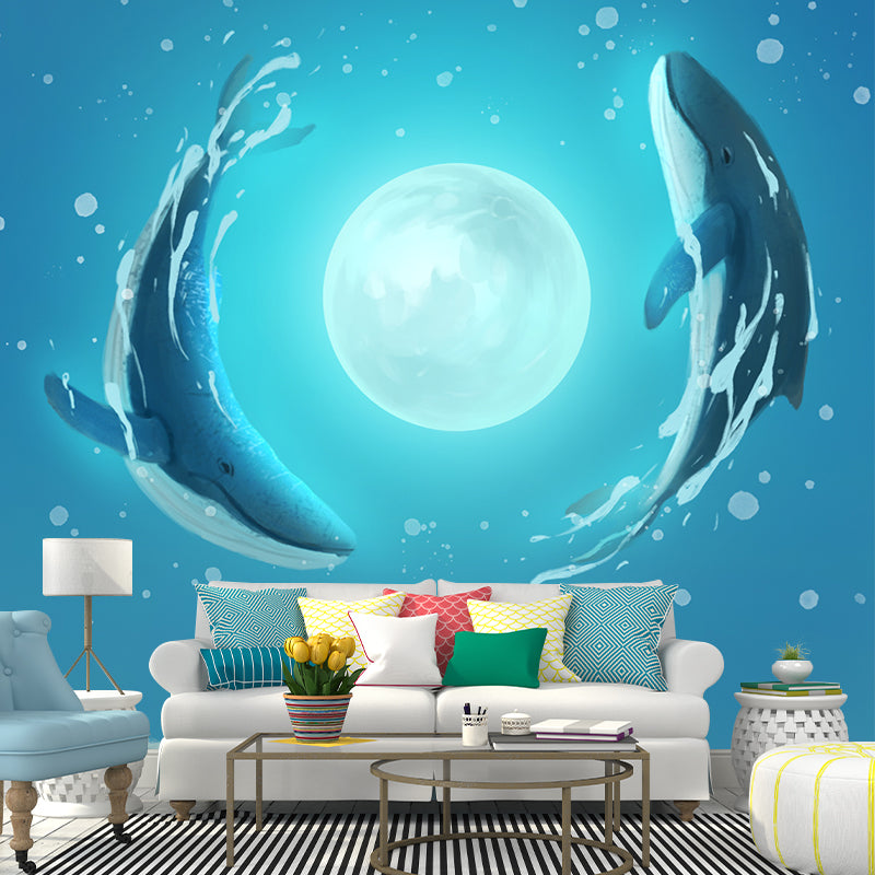 Custom Illustration Kids Wall Mural with Whale Dance Around Moon Pattern in Blue Clearhalo 'Wall Decor' 'Wall Mural' 1440487
