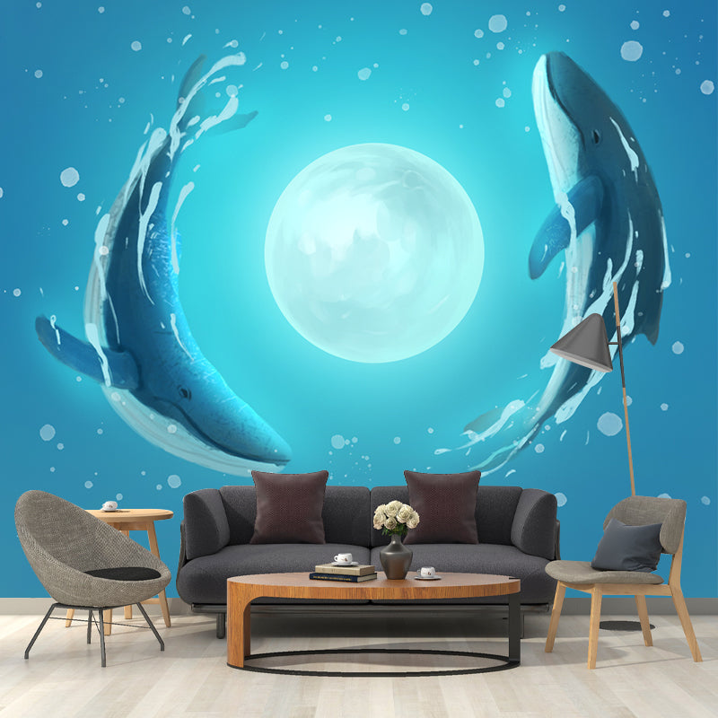 Custom Illustration Kids Wall Mural with Whale Dance Around Moon Pattern in Blue Clearhalo 'Wall Decor' 'Wall Mural' 1440488