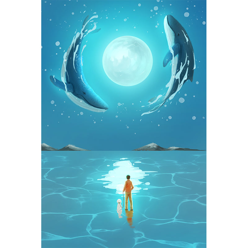 Custom Illustration Kids Wall Mural with Whale Dance Around Moon Pattern in Blue Clearhalo 'Wall Decor' 'Wall Mural' 1440489