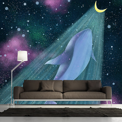 Cartoon Girls Mural Wallpaper with Whale Flying to the Moon Pattern Yellow-Blue Wall Covering Yellow-Blue Clearhalo 'Wall Decor' 'Wall Mural' 1440491