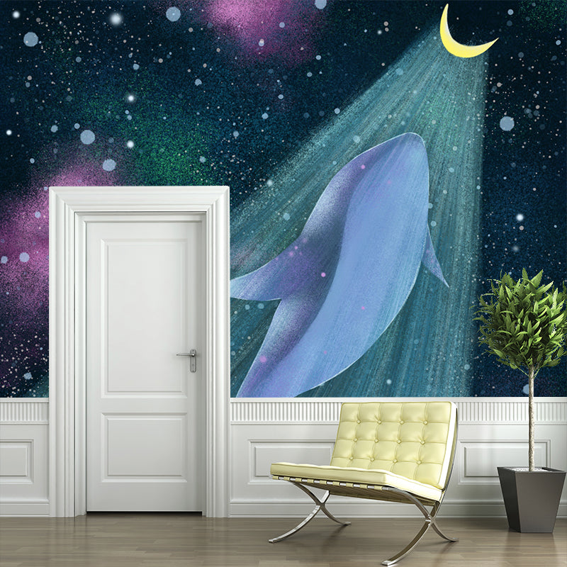 Cartoon Girls Mural Wallpaper with Whale Flying to the Moon Pattern Yellow-Blue Wall Covering Clearhalo 'Wall Decor' 'Wall Mural' 1440492