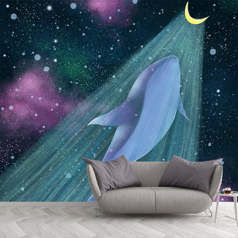Cartoon Girls Mural Wallpaper with Whale Flying to the Moon Pattern Yellow-Blue Wall Covering Clearhalo 'Wall Decor' 'Wall Mural' 1440493