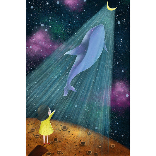 Cartoon Girls Mural Wallpaper with Whale Flying to the Moon Pattern Yellow-Blue Wall Covering Clearhalo 'Wall Decor' 'Wall Mural' 1440494