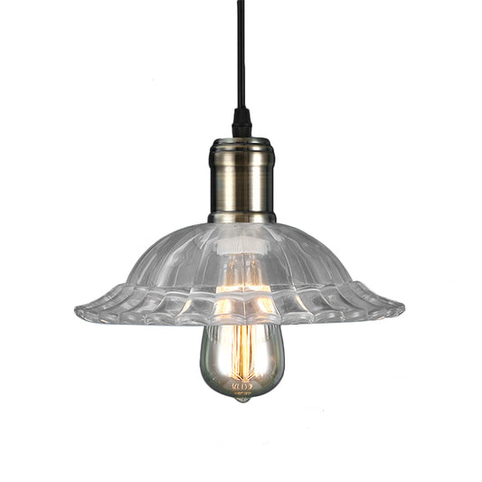 1 Light Hanging Ceiling Light with Scalloped Shade Ribbed Glass Industrial Living Room Pendant Lighting in Clear Clearhalo 'Ceiling Lights' 'Glass shade' 'Glass' 'Industrial Pendants' 'Industrial' 'Middle Century Pendants' 'Pendant Lights' 'Pendants' 'Tiffany' Lighting' 144049