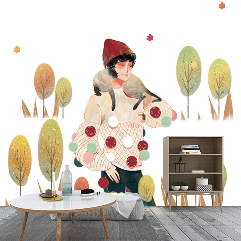 Large Childrens Art Mural Wallpaper White Girl Walk with Her Pet Wall Covering, Custom Size White Clearhalo 'Wall Decor' 'Wall Mural' 1440501