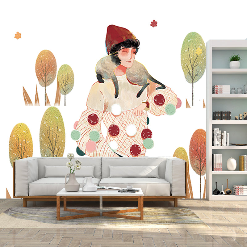 Large Childrens Art Mural Wallpaper White Girl Walk with Her Pet Wall Covering, Custom Size Clearhalo 'Wall Decor' 'Wall Mural' 1440503