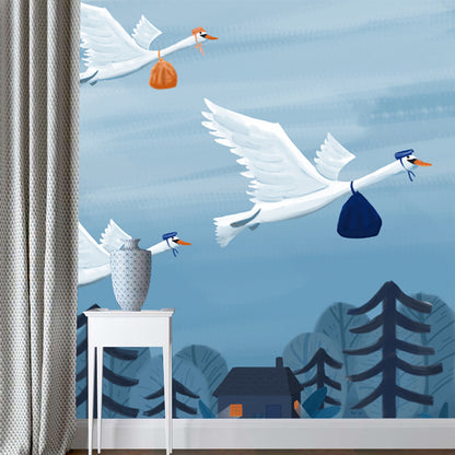 Blue-White Bird Migration Mural Stain Resistant Cartoon Kids Bedroom Wall Covering Blue-White Clearhalo 'Wall Decor' 'Wall Mural' 1440511