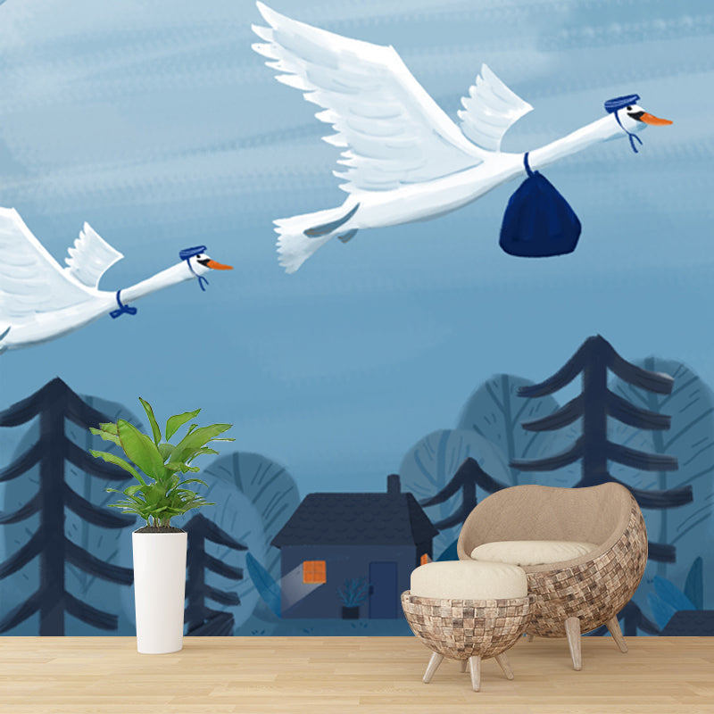 Blue-White Bird Migration Mural Stain Resistant Cartoon Kids Bedroom Wall Covering Clearhalo 'Wall Decor' 'Wall Mural' 1440512