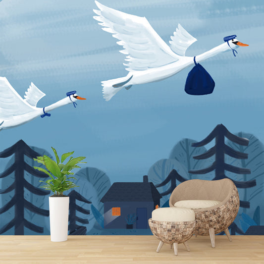 Blue-White Bird Migration Mural Stain Resistant Cartoon Kids Bedroom Wall Covering Clearhalo 'Wall Decor' 'Wall Mural' 1440512
