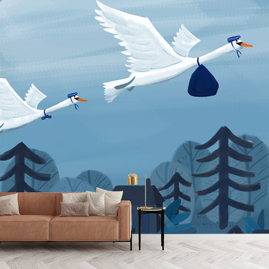 Blue-White Bird Migration Mural Stain Resistant Cartoon Kids Bedroom Wall Covering Clearhalo 'Wall Decor' 'Wall Mural' 1440513