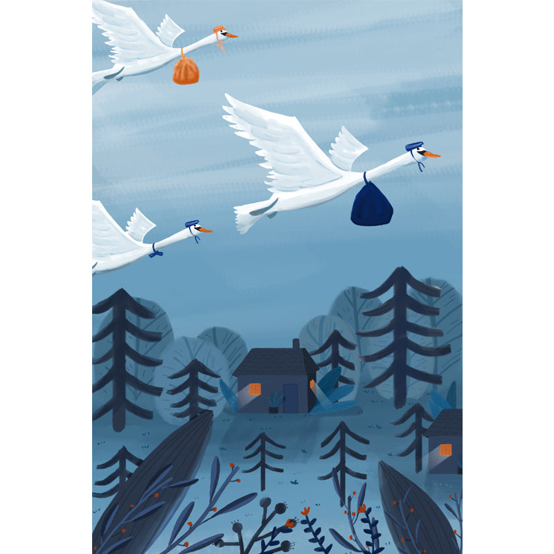 Blue-White Bird Migration Mural Stain Resistant Cartoon Kids Bedroom Wall Covering Clearhalo 'Wall Decor' 'Wall Mural' 1440514