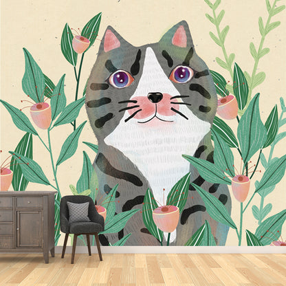 Kids Cat in Flowers Mural in Yellow-Green Waterproofing Wall Art for Child Bedroom Yellow-Green Clearhalo 'Wall Decor' 'Wall Mural' 1440516