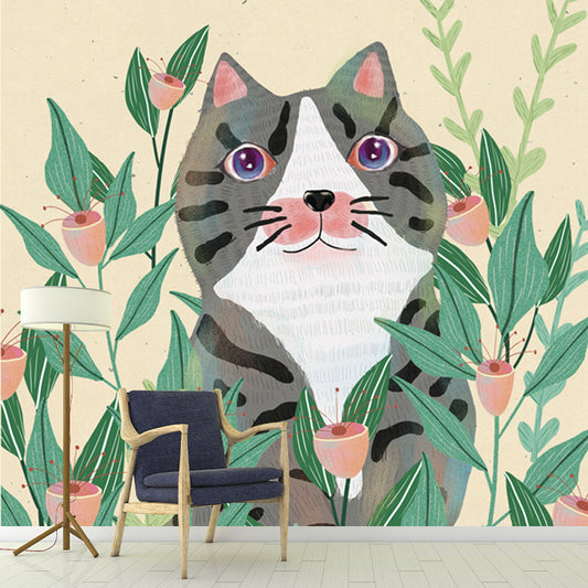 Kids Cat in Flowers Mural in Yellow-Green Waterproofing Wall Art for Child Bedroom Clearhalo 'Wall Decor' 'Wall Mural' 1440517