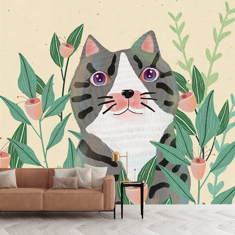 Kids Cat in Flowers Mural in Yellow-Green Waterproofing Wall Art for Child Bedroom Clearhalo 'Wall Decor' 'Wall Mural' 1440518