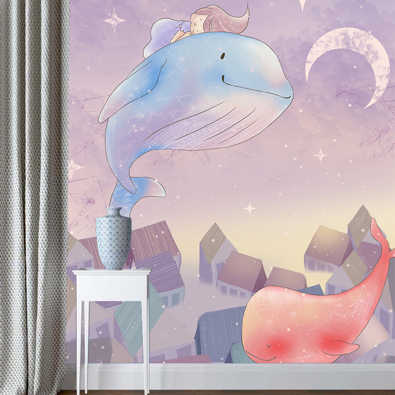 Dreamy Girl Riding Whale Mural for Bedroom Cartoon Wall Decor, Personalized Size Purple Clearhalo 'Wall Decor' 'Wall Mural' 1440521