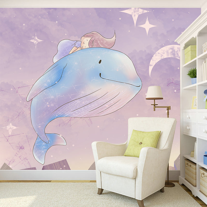 Dreamy Girl Riding Whale Mural for Bedroom Cartoon Wall Decor, Personalized Size Clearhalo 'Wall Decor' 'Wall Mural' 1440522