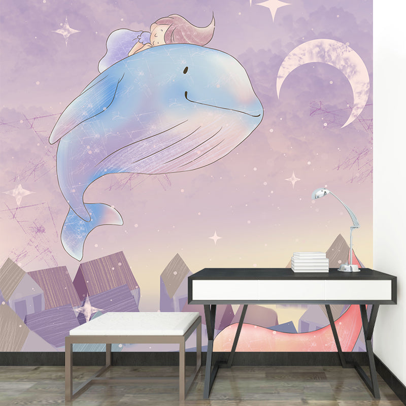 Dreamy Girl Riding Whale Mural for Bedroom Cartoon Wall Decor, Personalized Size Clearhalo 'Wall Decor' 'Wall Mural' 1440523