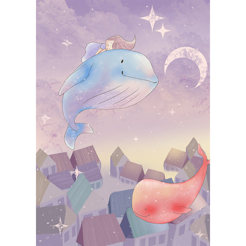 Dreamy Girl Riding Whale Mural for Bedroom Cartoon Wall Decor, Personalized Size Clearhalo 'Wall Decor' 'Wall Mural' 1440524