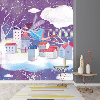 Purple-White Fairy Tale Mural Decal Winter Scenery Nordic Stain Proof Wall Covering Purple Clearhalo 'Wall Decor' 'Wall Mural' 1440526