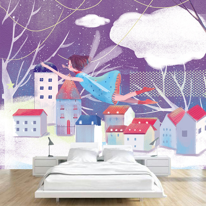 Purple-White Fairy Tale Mural Decal Winter Scenery Nordic Stain Proof Wall Covering Clearhalo 'Wall Decor' 'Wall Mural' 1440527