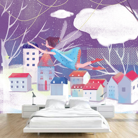 Purple-White Fairy Tale Mural Decal Winter Scenery Nordic Stain Proof Wall Covering Clearhalo 'Wall Decor' 'Wall Mural' 1440527