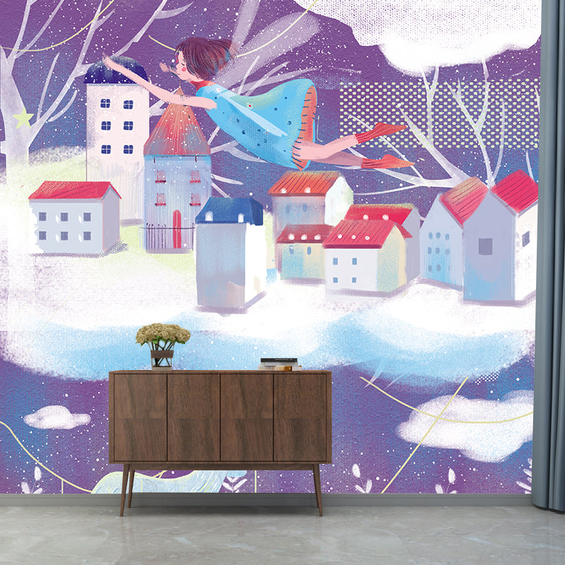 Purple-White Fairy Tale Mural Decal Winter Scenery Nordic Stain Proof Wall Covering Clearhalo 'Wall Decor' 'Wall Mural' 1440528