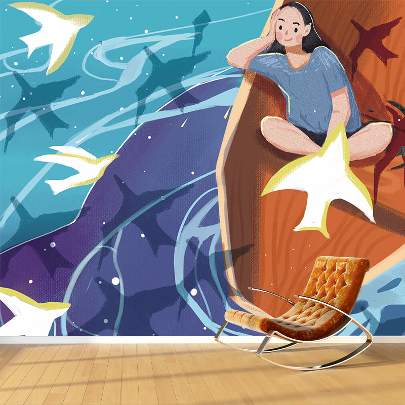 Huge Girl on Boat Mural Kids Fantasy Whale Under the Water Wall Art in Blue-Orange Blue-Orange Clearhalo 'Wall Decor' 'Wall Mural' 1440531