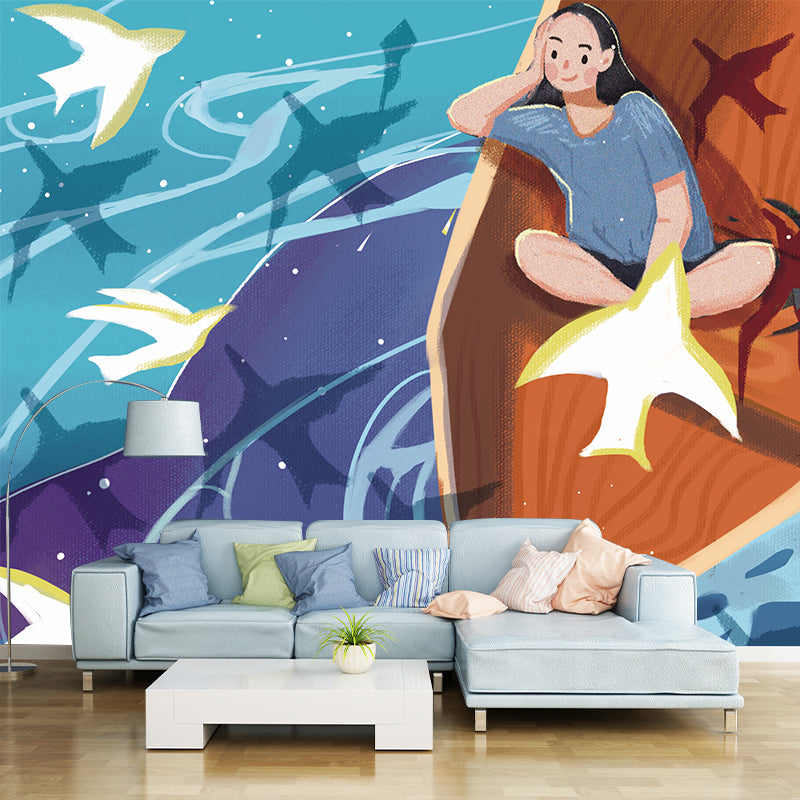 Huge Girl on Boat Mural Kids Fantasy Whale Under the Water Wall Art in Blue-Orange Clearhalo 'Wall Decor' 'Wall Mural' 1440532